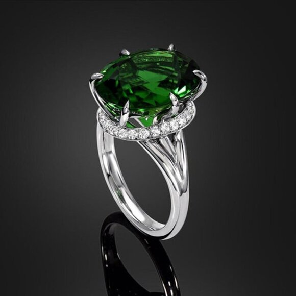 💎 Dainty Large Oval Zircon Emerald Elegant Silver Rings for Women, INDN8212 - Picture 9 of 12